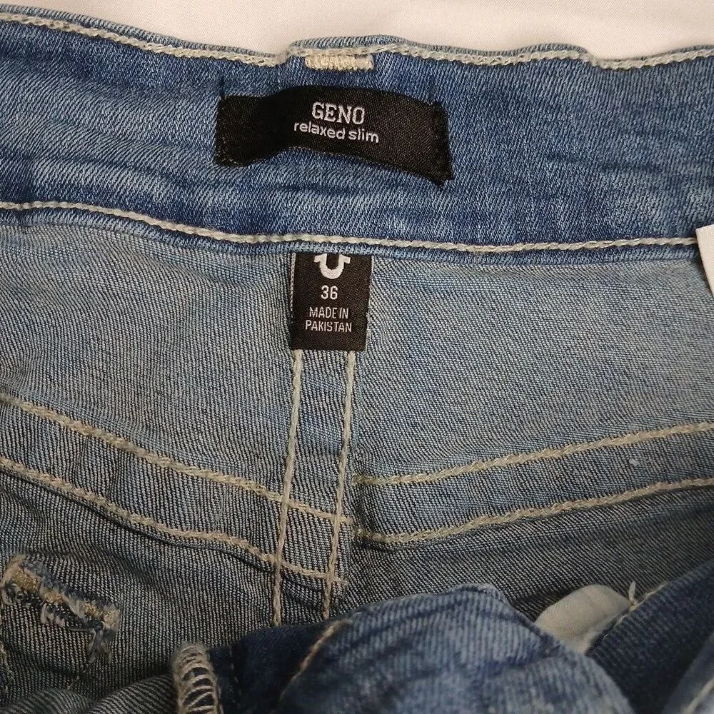 True Religion Mens Geno Relaxed Slim Medium Wash Blue Jeans Straight Leg 36x33